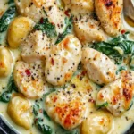 Cremiges Spinat-Hähnchen-Gnocchi-Gericht auf einem Teller, garniert mit frischem Spinat.