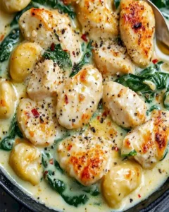 Cremiges Spinat-Hähnchen-Gnocchi-Gericht auf einem Teller, garniert mit frischem Spinat.
