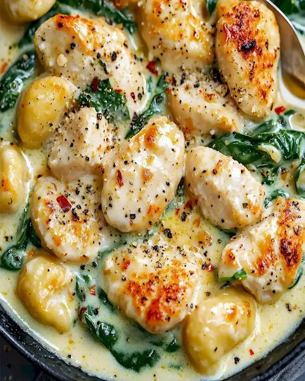 Cremiges Spinat-Hähnchen-Gnocchi-Gericht auf einem Teller, garniert mit frischem Spinat.