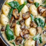 Cremige Spinat und Pilz-Gnocchi auf einem Teller serviert