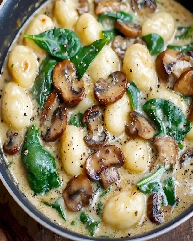 Cremige Spinat und Pilz-Gnocchi auf einem Teller serviert