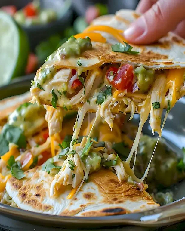 Crockpot-Queso-Hähnchen-Quesadillas mit geschmolzenem Käse und frischen Zutaten