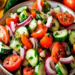 Frischer Cucumber-Tomaten-Salat auf einem Teller serviert