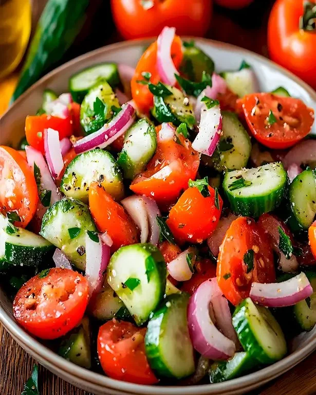 Frischer Cucumber-Tomaten-Salat auf einem Teller serviert