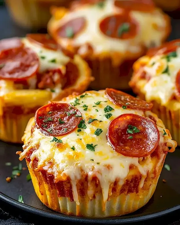 Leckere Deep Dish Pizza Cupcakes auf einem Teller serviert.