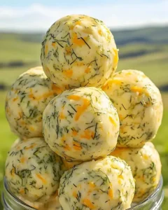 Leckere Dill Cheddar Käse Bälle auf einem Tisch serviert