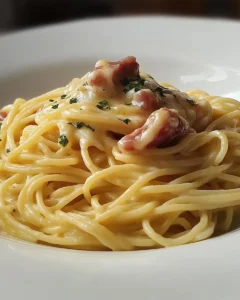 Einfaches Spaghetti-Rezept mit Schinken und Sahne auf einem Teller