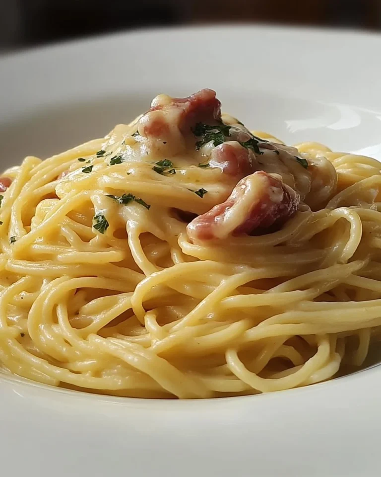 Einfaches Spaghetti-Rezept mit Schinken und Sahne auf einem Teller