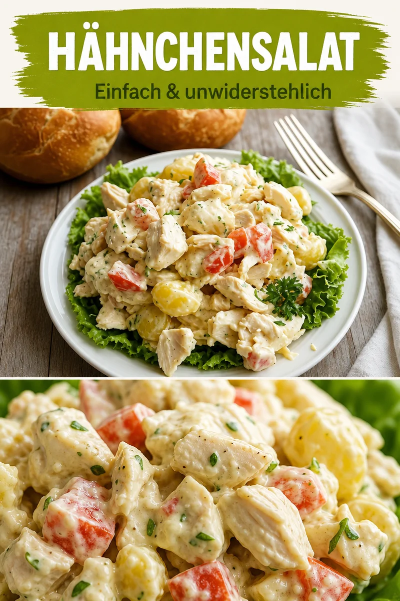 Erfrischender Hähnchensalat für ein leichtes Sommeressen - Entdecken Sie den unverwechselbaren Geschmack unseres Hähnchensalats, der Erinnerungen an sonnige Picknicks weckt. Mit frischen Zutaten und einer cremigen Essig-Note ist dieser Salat nicht nur gesund, sondern auch super einfach zuzubereiten. Ideal für den nächsten Grillabend oder als leichtes Mittagessen! Probieren Sie es aus und genießen Sie den Geschmack des Sommers! #Hähnchensalat #GesundeRezepte #Sommergerichte