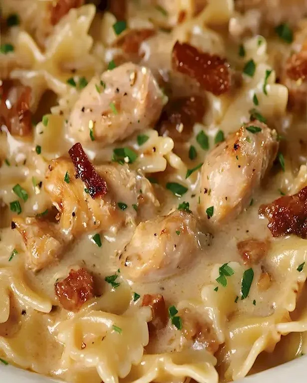 Farfalle mit Hähnchen und geröstetem Knoblauch auf einem Teller serviert