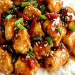 Schüssel mit leckerem General Tso's Huhn, serviert mit Reis und Gemüse.