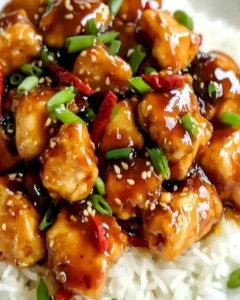 Schüssel mit leckerem General Tso's Huhn, serviert mit Reis und Gemüse.