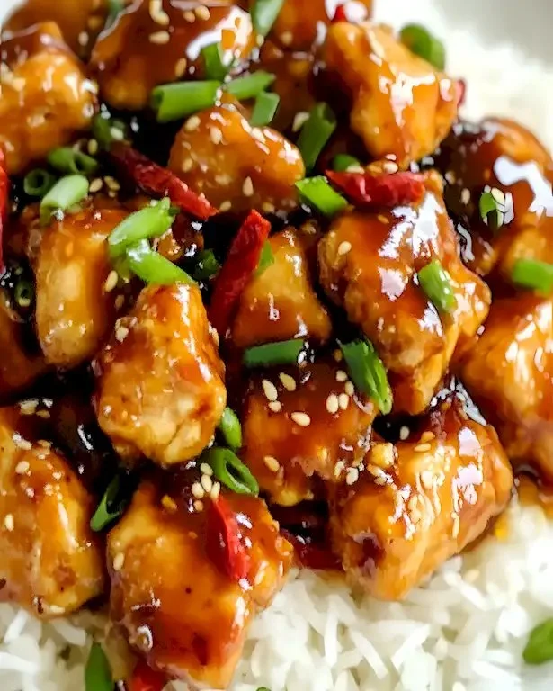 Schüssel mit leckerem General Tso's Huhn, serviert mit Reis und Gemüse.