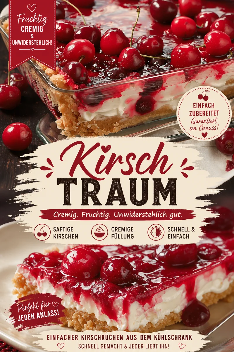 Genuss pur: Ein köstliches Kirsch Dessert für besondere Anlässe - Lass dich von unserem Kirsch Dessert verzaubern! Mit buttrigen Keksen und einer cremigen Füllung ist dieses Dessert der Höhepunkt jedes Essens. Perfekt für Familienfeiern oder den süßen Abschluss eines besonderen Abends. Probiere es noch heute aus und genieße den Geschmack von Zuhause. Teile dein Ergebnis mit uns! #KirschDessert #DessertRezepte #KöstlicheNachspeisen