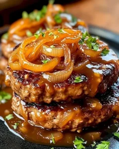 Hamburger Steaks mit Zwiebelsoße, serviert auf einem Teller