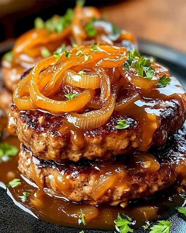Hamburger Steaks mit Zwiebelsoße, serviert auf einem Teller