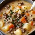 Schüsseln mit herzhaftem Hamburger Suppe Rezept auf einem Holztisch