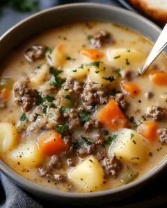 Schüsseln mit herzhaftem Hamburger Suppe Rezept auf einem Holztisch