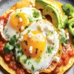 Huevos Rancheros mit Eiern, Salsa und Tortillas auf einem Teller serviert.