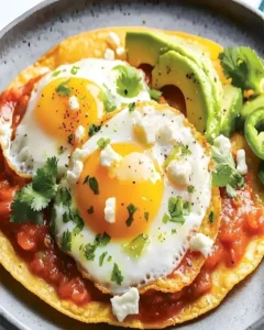 Huevos Rancheros mit Eiern, Salsa und Tortillas auf einem Teller serviert.