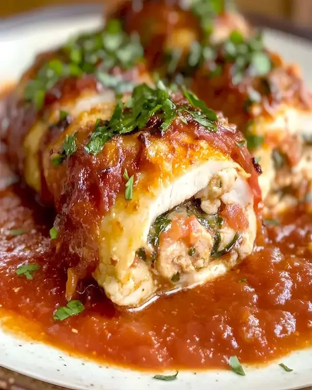 Hühnchen-Braciole mit Parmesan und Pancetta auf einem Teller serviert