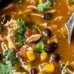 Schüssel mit leckerer Hühnchen-Enchilada-Suppe, garniert mit frischen Kräutern.