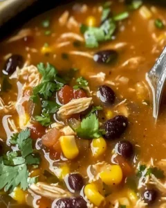 Schüssel mit leckerer Hühnchen-Enchilada-Suppe, garniert mit frischen Kräutern.