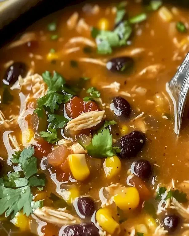 Schüssel mit leckerer Hühnchen-Enchilada-Suppe, garniert mit frischen Kräutern.