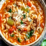 Italienische Wurstsuppe mit Orzo in einer Schüssel, garniert mit frischen Kräutern.