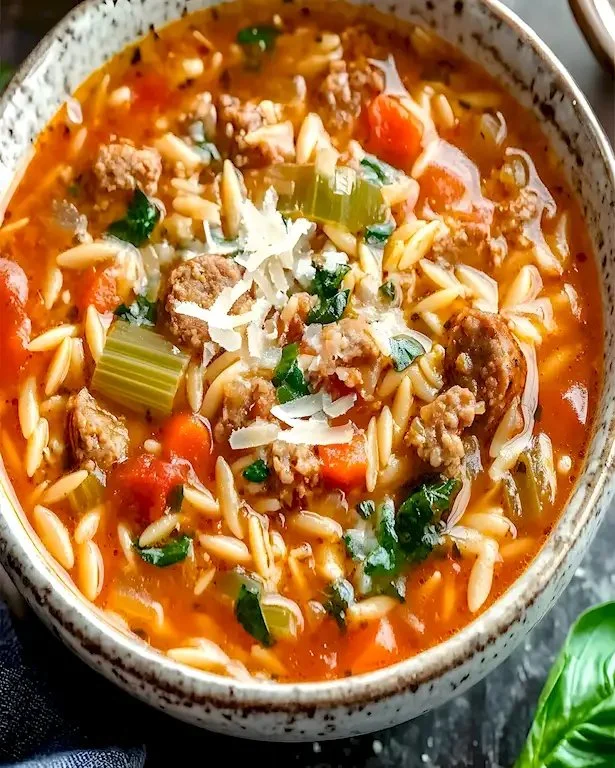 Italienische Wurstsuppe mit Orzo in einer Schüssel, garniert mit frischen Kräutern.