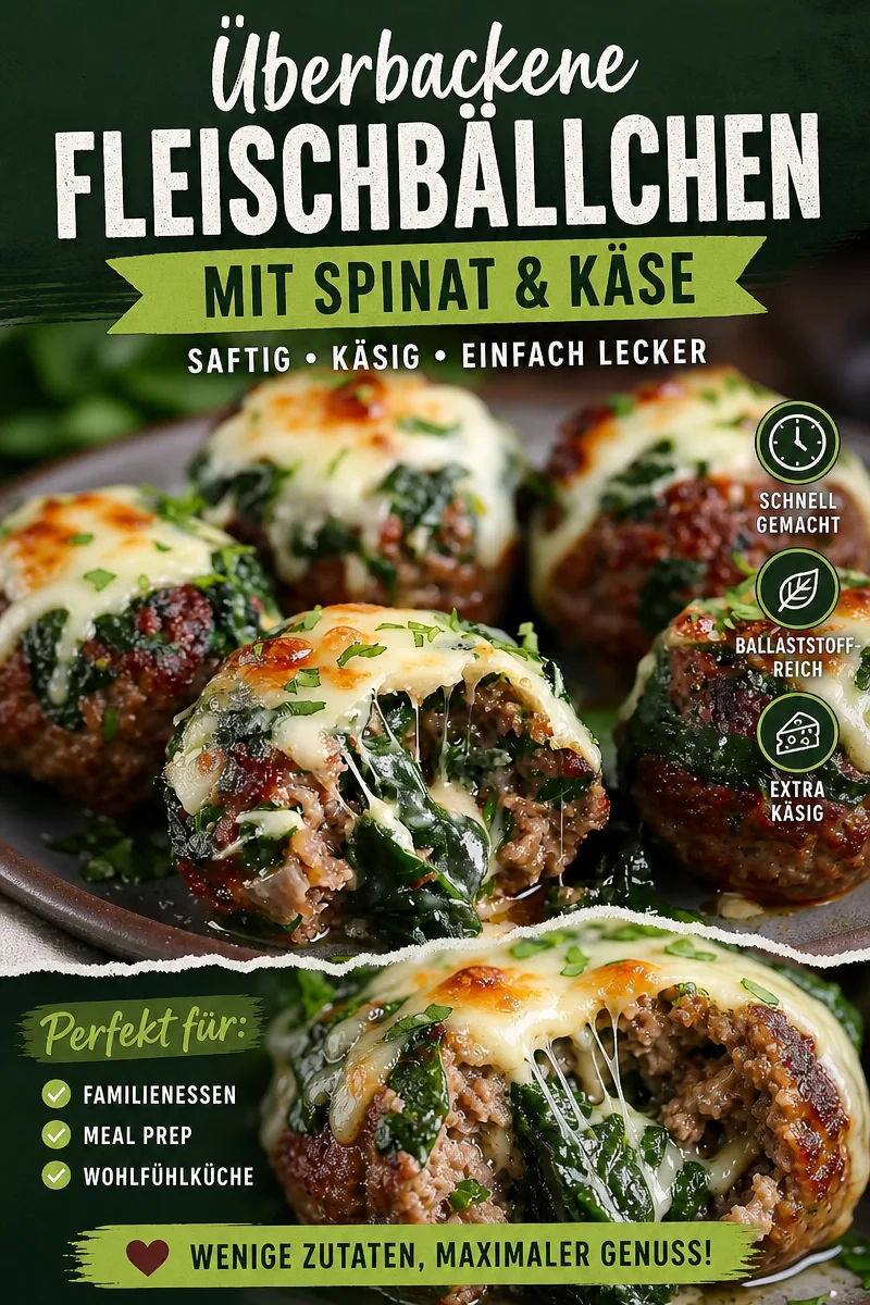 Köstliche Spinat Knoblauch Hackbällchen gefüllt mit Mozzarella - Entdecke das perfekte Rezept für Spinat Knoblauch Hackbällchen gefüllt mit Mozzarella! Dieses herzhafte Gericht ist einfach zuzubereiten und wird deine Familie begeistern. Ideal als Hauptgericht oder Party Snack, bereit in nur 30 Minuten. Probiere es aus und bringe Abwechslung auf deinen Tisch! Hol dir das Rezept und koche mit Liebe. #Hausmannskost #LeckerUndGesund #Hackbällchen