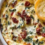Käse-Tuscan-Dip serviert auf einem Holzbrett mit frischem Gemüse