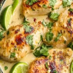 Leckeres Kokos-Limett-Hähnchen auf einem Teller mit frischen Limetten