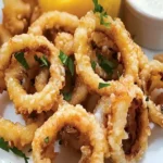 Knapprige Calamari-Ringe serviert mit Sauce und Zitrone