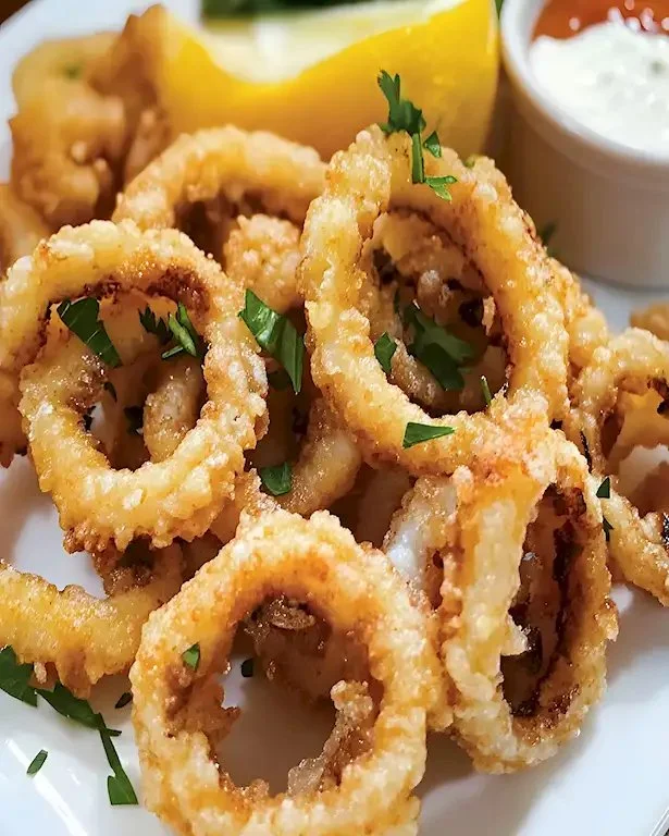 Knapprige Calamari-Ringe serviert mit Sauce und Zitrone