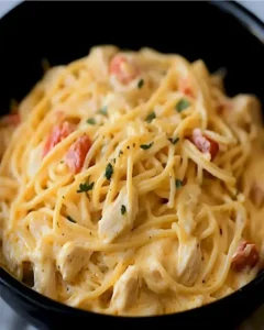 Crockpot-Hühnchen-Spaghetti in einer Schüssel serviert