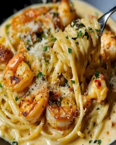 Pfefferige Knoblauch-Garnelen-Pasta mit frischen Zutaten und würzigem Geschmack.