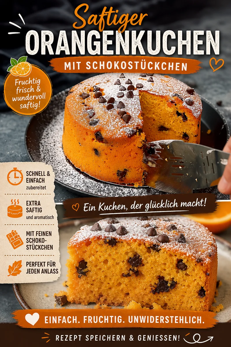 Saftiger Orangenkuchen mit Schokostückchen – Ein Genuss für jeden Anlass! - Hast du Lust auf einen saftigen Kuchen, der süß, frisch und unwiderstehlich ist? Unser Orangenkuchen mit Schokostückchen ist die perfekte Kombination aus fruchtig und schokoladig! Folge unserem einfachen Rezept, um diesen köstlichen Kuchen im Handumdrehen zu backen. Ein absolutes Must-Try für alle Naschkatzen! Probiere es gleich aus und teile deine Kreation! #Orangenkuchen #KuchenRezepte #BackenEinfachGemacht