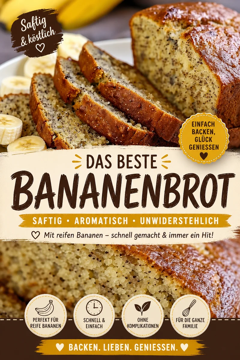 Saftiges Bananenbrot – Das perfekte Rezept für reife Bananen! - Reife Bananen in der Obstschale? Keine Sorge, mit diesem einfachen Rezept für saftiges Bananenbrot verwandeln Sie sie in einen köstlichen Genuss! Ideal zum Frühstück oder als Snack. Jetzt nachbacken und die Aromen genießen! Teilen Sie Ihre Ergebnisse und taggen Sie uns! #Bananenbrot #Backen #LeckereRezepte