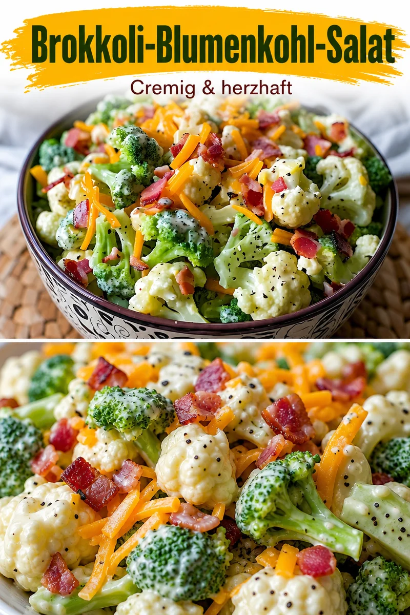 Schmackhafter Brokkoli Blumenkohl Salat mit Cheddar und Speck - Entdecke diesen cremigen Brokkoli Blumenkohl Salat mit Cheddar und Speck – perfekt für deine nächste Party oder ein gemütliches Abendessen! Schnell zubereitet und einfach lecker, wird er deine Gäste begeistern. Probiere jetzt das Rezept und bring frischen Schwung auf deinen Tisch! #SalatRezepte #KäseLiebhaber #einfachkochen