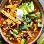 Würzige Hühner-Tortilla-Suppe im Schmortopf serviert mit frischen Kräutern.