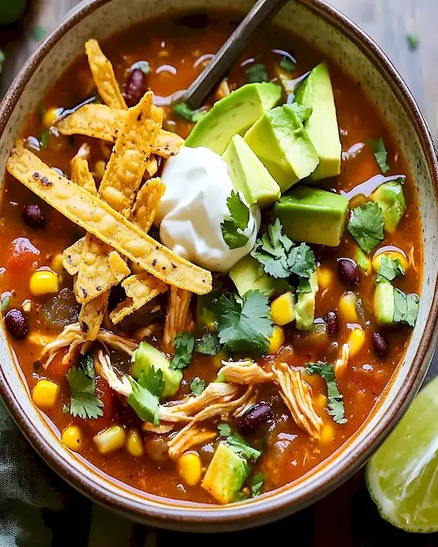 Würzige Hühner-Tortilla-Suppe im Schmortopf serviert mit frischen Kräutern.