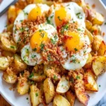Spanische Eier mit knusprigen Kartoffeln auf einem Teller serviert