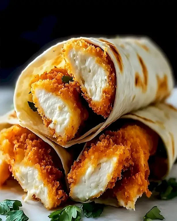 Knusprige Chicken Ranch Wraps mit geschmolzenem Mozzarella auf einem Tisch angerichtet.