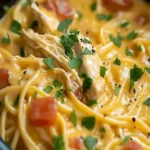 Crockpot-Käse-Hühnchen-Spaghetti in einer leckeren Sauce serviert.