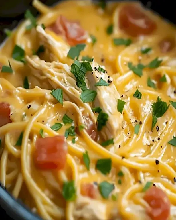 Crockpot-Käse-Hühnchen-Spaghetti in einer leckeren Sauce serviert.