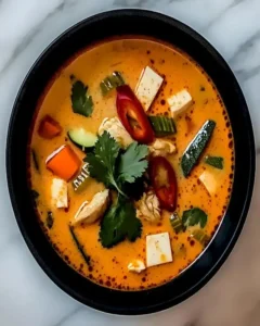 Schüssel mit leckerem, würzigem Thai-Rot-Curry mit frischen Zutaten