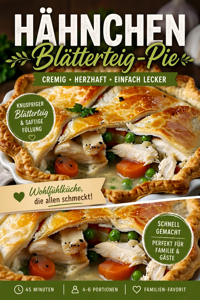 Unwiderstehlicher Hähnchentopf-Pie: Einfach und Schnell zubereitet - Entdecke mein Lieblingsrezept für einen Hähnchentopf-Pie, der an kalten Abenden perfekt wärmt. Dieses einfache und leckere Comfort Food ist ideal für die ganze Familie und lässt sich schnell zubereiten. Probiere dieses einfache, aber köstliche Gericht aus und bringe Abwechslung auf deinen Tisch! Lass dir diese Gelegenheit nicht entgehen! Klicke auf das Bild, um das Rezept zu speichern! #Hähnchenrezepte #ComfortFood #EinfachKochen