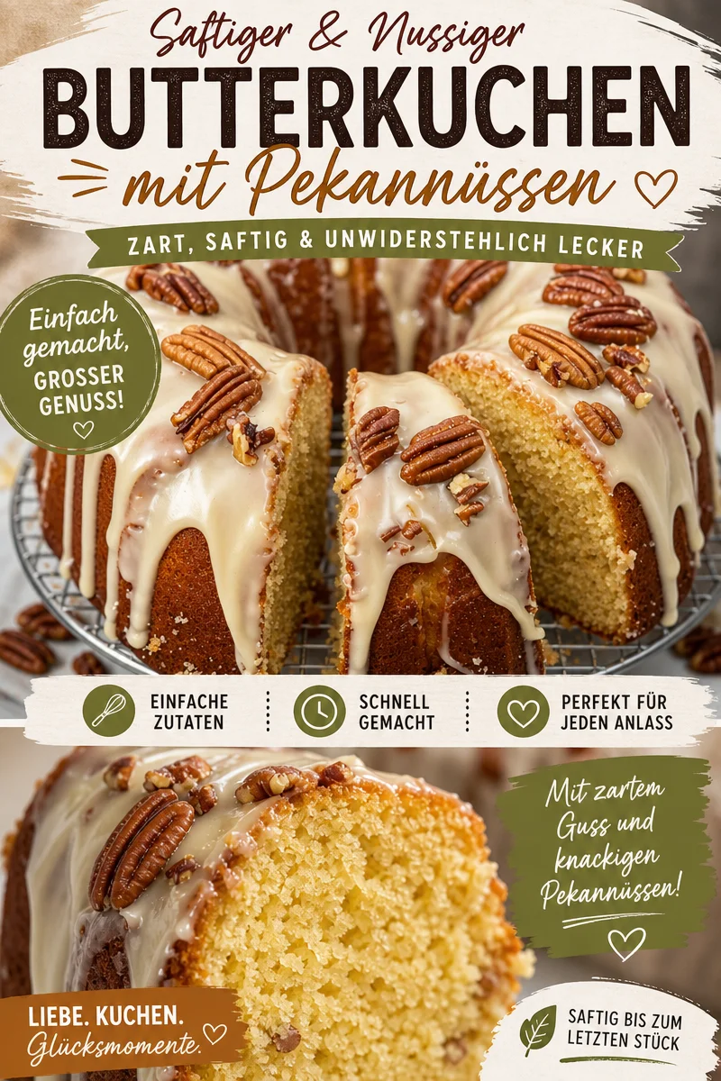 Verführerischer Butter Pekannuss Gugelhupf – Ein Stückchen Heimat - Hast du Lust auf einen unwiderstehlichen Butter Pekannuss Gugelhupf? Dieser leckere Kuchen vereint den Geschmack der Südstaaten mit einfachen Zutaten. Perfekt für den Kaffeetisch oder als Höhepunkt deiner nächsten Feier! Folge der Anleitung und genieße ein Stück Heimat. Probiere es unbedingt aus und teile dein Ergebnis mit uns! #KuchenRezepte #Pekannüsse #Heimatgenuss