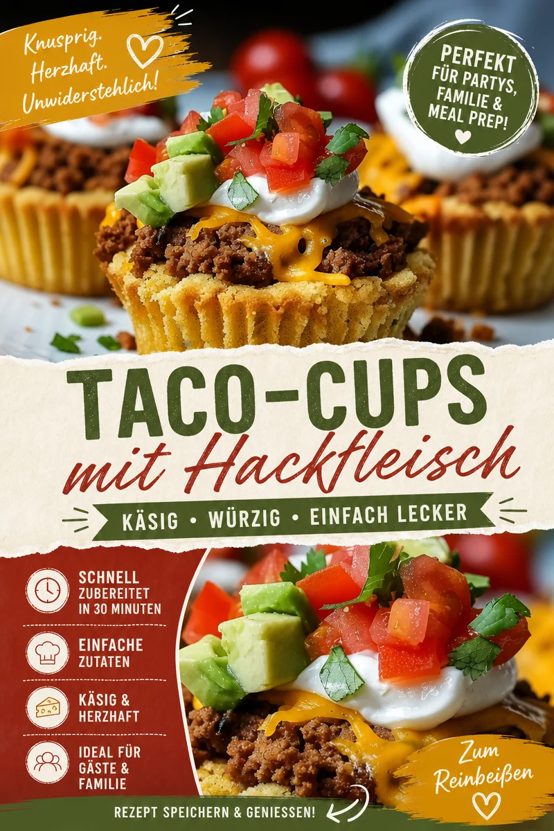 Verwöhne deine Geschmacksknospen mit würzigen Taco Cupcakes! - Lust auf etwas Einzigartiges? Diese Taco Cupcakes sind nicht nur lecker, sondern auch ein Spaß für die ganze Familie! Perfekt für Partys oder ein geselliges Abendessen. Bereite sie einfach zu und genieße sie! Lass dir diese kreative Interpretation des Klassikers nicht entgehen. Probiere das Rezept jetzt aus und beeindrucke deine Gäste. #TacoCupcakes #KochenMachtSpaß #LeckereRezepte
